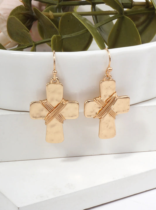 Elegant Hammered Cross Dangle Drop Earrings