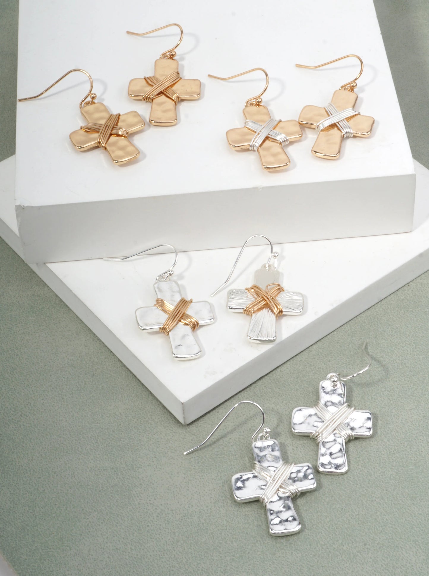 Elegant Hammered Cross Dangle Drop Earrings