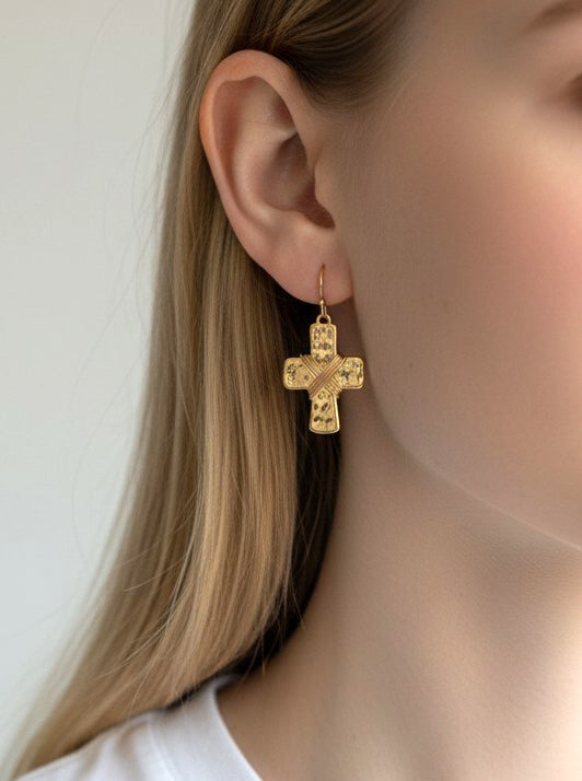 Elegant Hammered Cross Dangle Drop Earrings