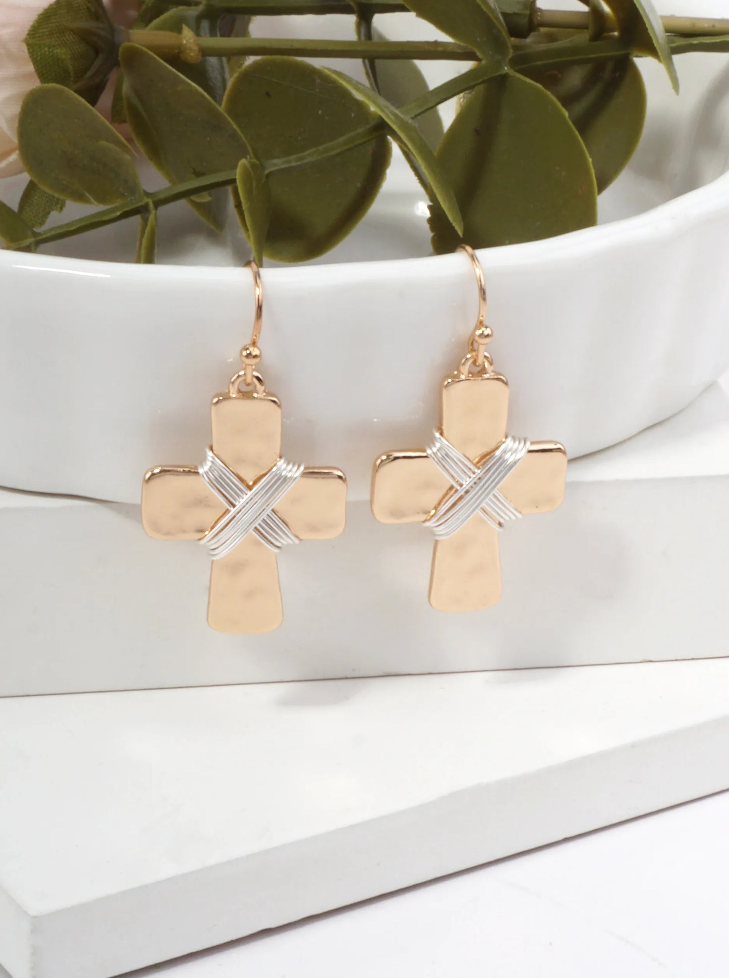 Elegant Hammered Cross Dangle Drop Earrings