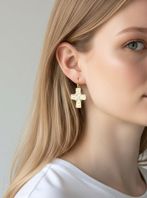 Elegant Hammered Cross Dangle Drop Earrings