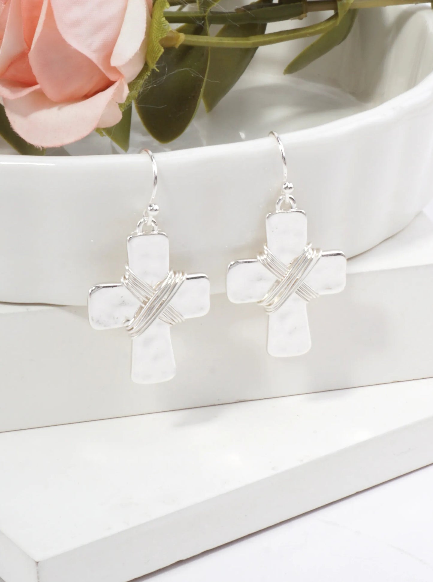 Elegant Hammered Cross Dangle Drop Earrings