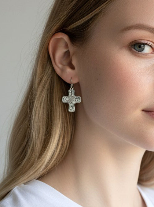 Elegant Hammered Cross Dangle Drop Earrings