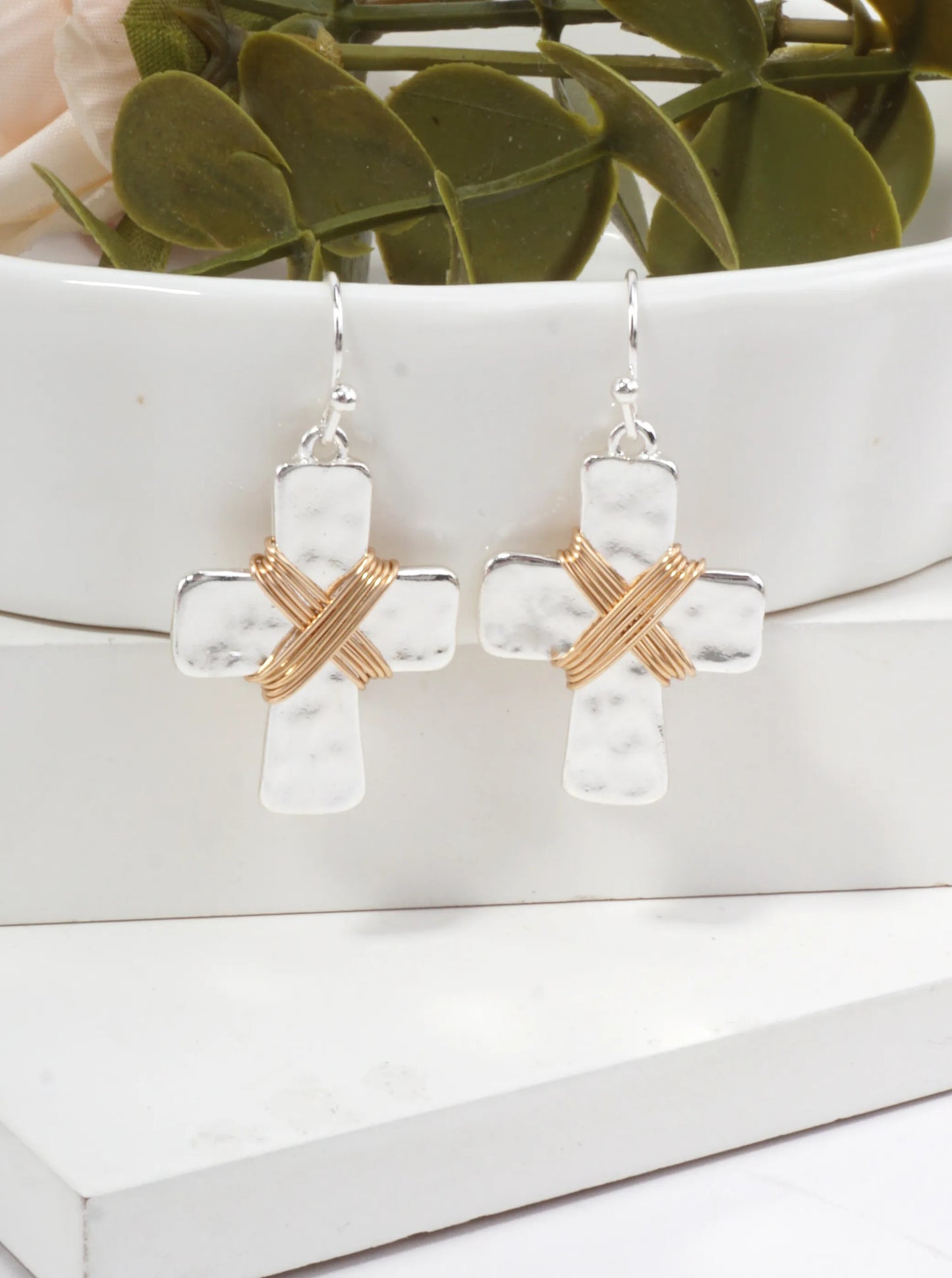 Elegant Hammered Cross Dangle Drop Earrings