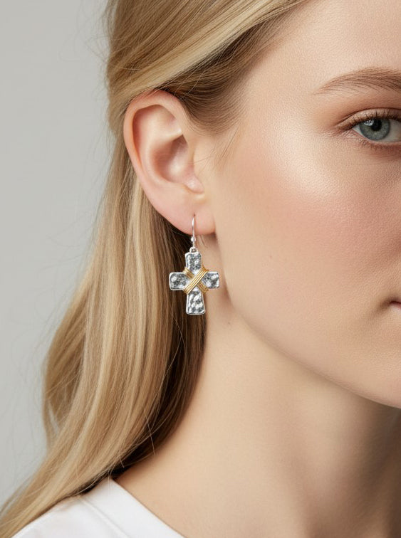 Elegant Hammered Cross Dangle Drop Earrings