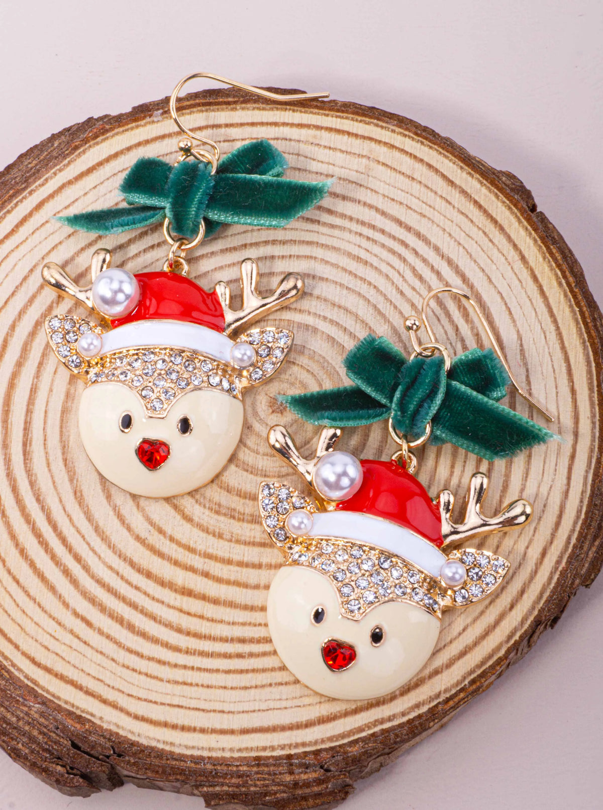 Rhinestone Reindeer Velvet Bow Hook Earrings