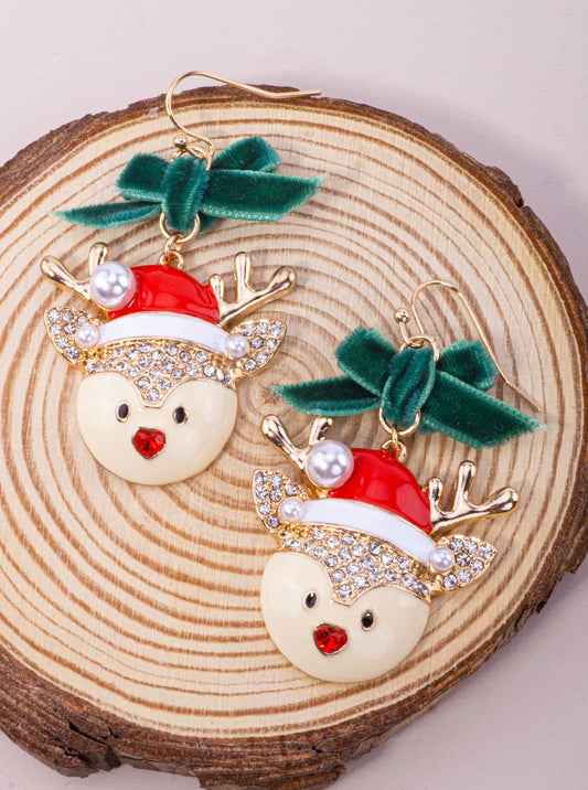 Rhinestone Reindeer Velvet Bow Hook Earrings