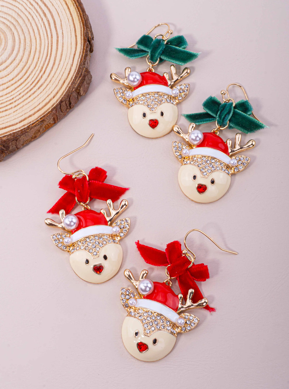 Rhinestone Reindeer Velvet Bow Hook Earrings