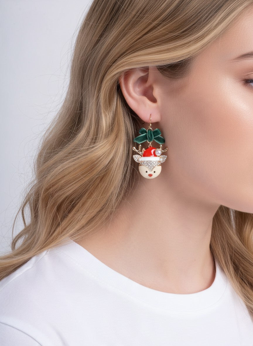 Rhinestone Reindeer Velvet Bow Hook Earrings