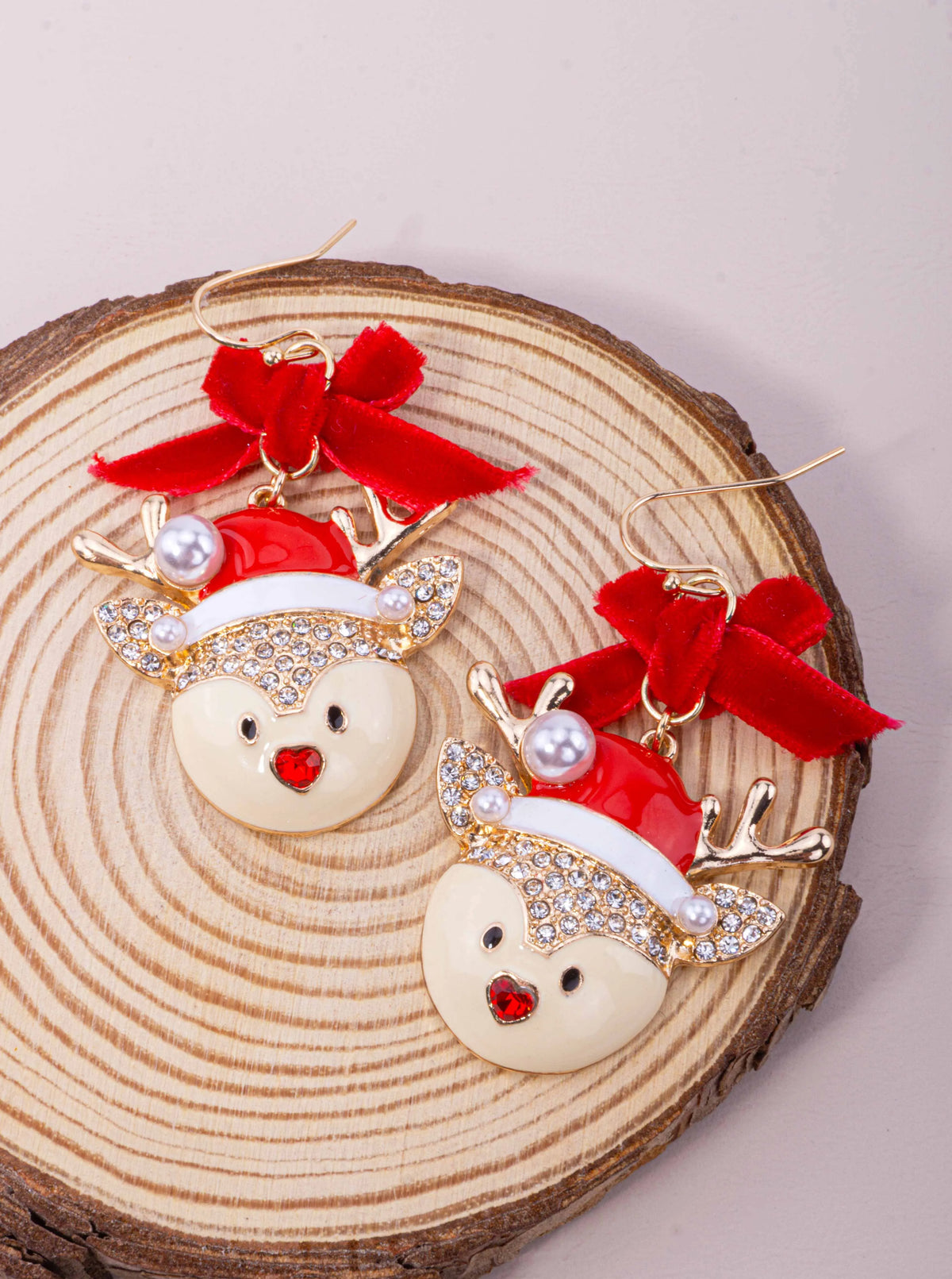 Rhinestone Reindeer Velvet Bow Hook Earrings