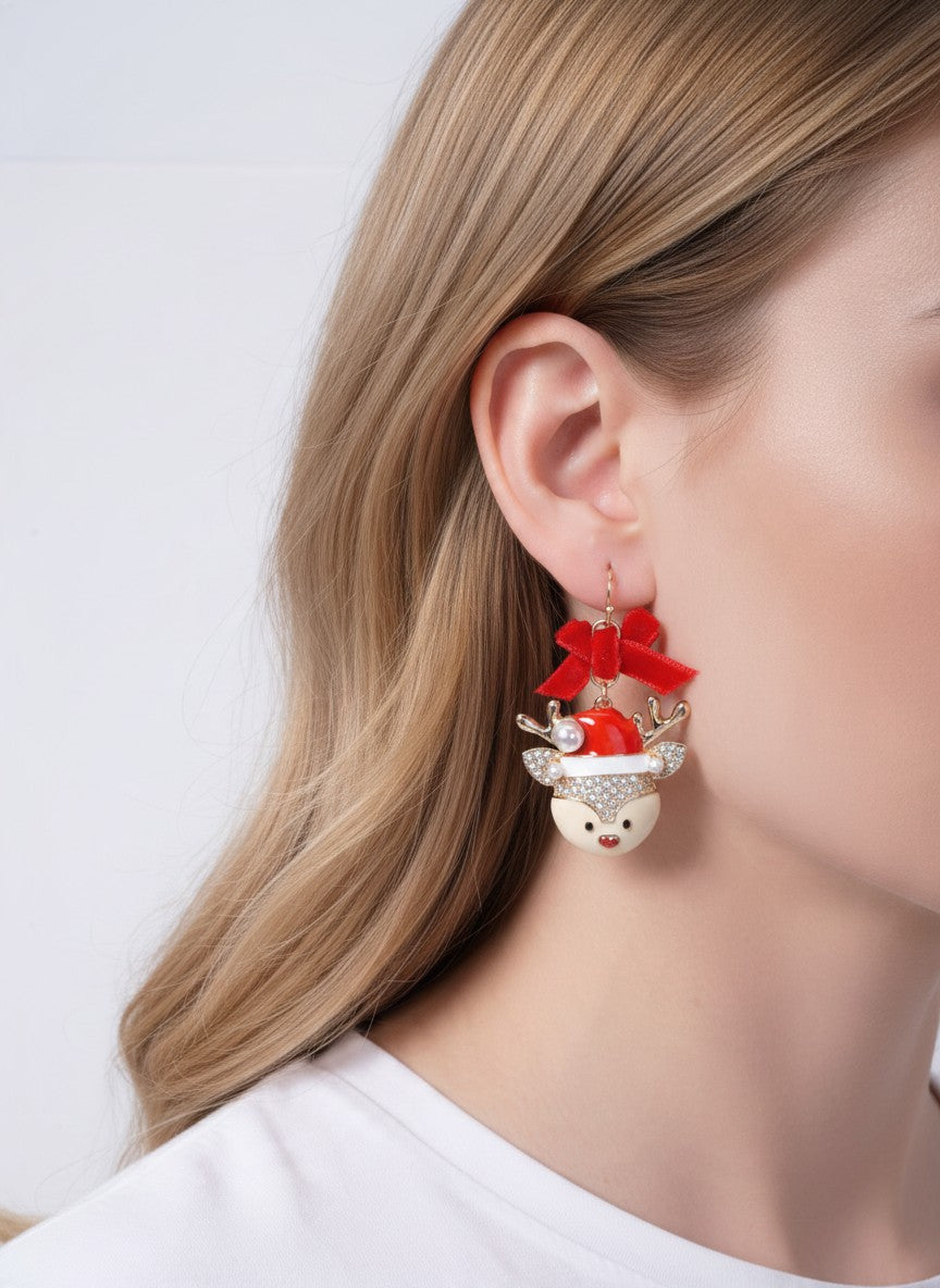 Rhinestone Reindeer Velvet Bow Hook Earrings