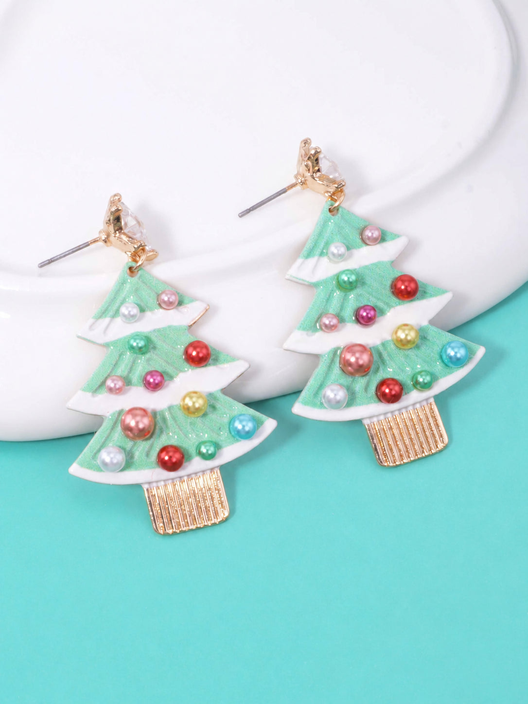 Pearl Enameled Christmas Tree Post Drop Earrings