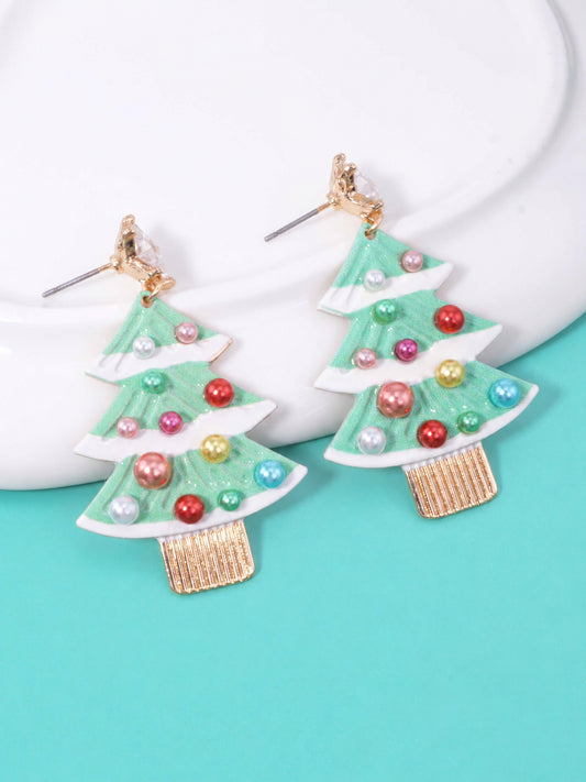 Pearl Enameled Christmas Tree Post Drop Earrings