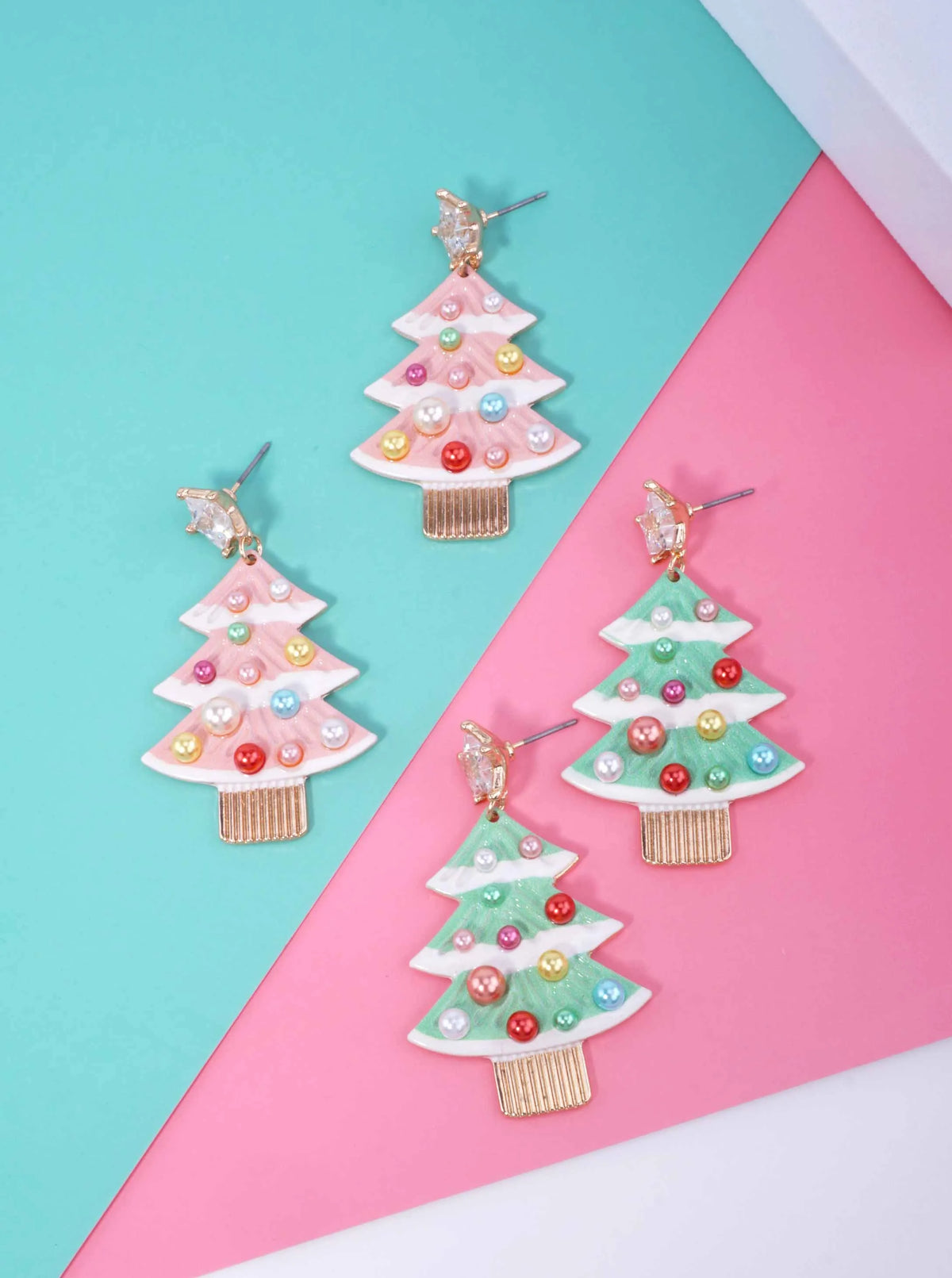 Pearl Enameled Christmas Tree Post Drop Earrings