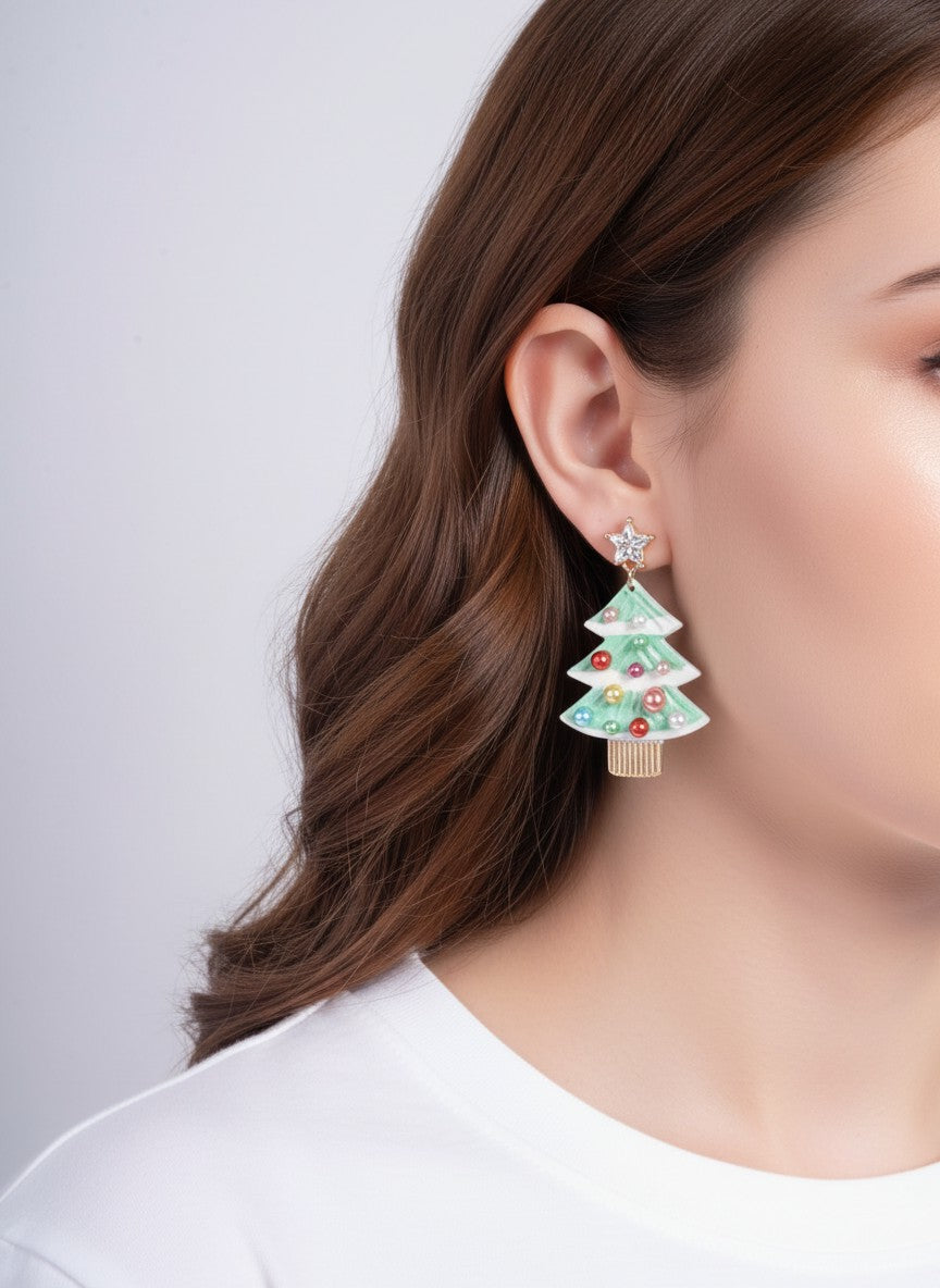 Pearl Enameled Christmas Tree Post Drop Earrings