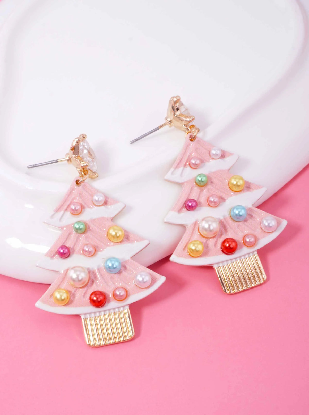 Pearl Enameled Christmas Tree Post Drop Earrings