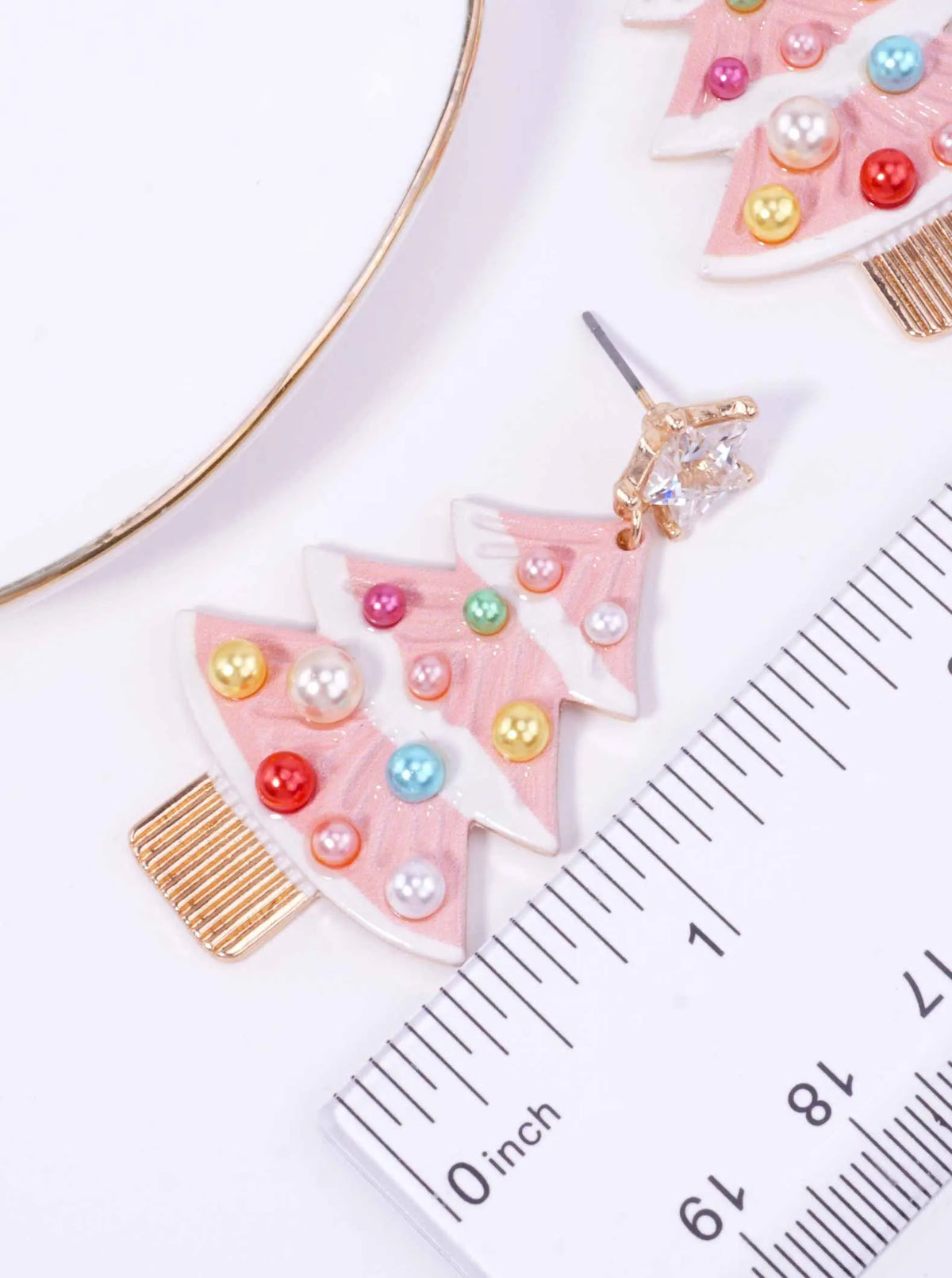 Pearl Enameled Christmas Tree Post Drop Earrings