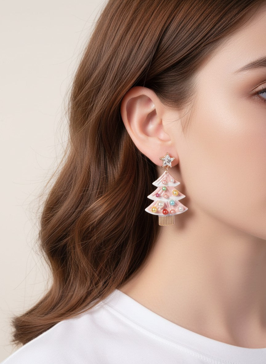 Pearl Enameled Christmas Tree Post Drop Earrings