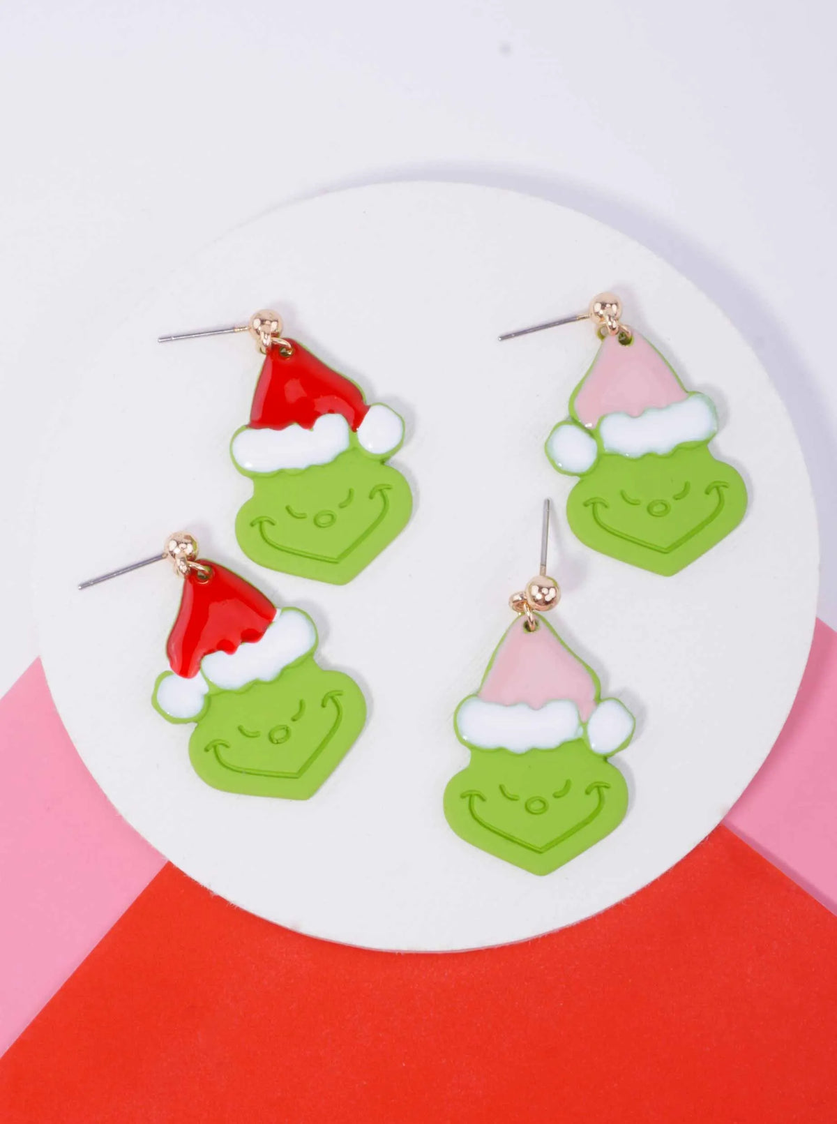 Matte Grinch Face Enameled Post Drop Earrings