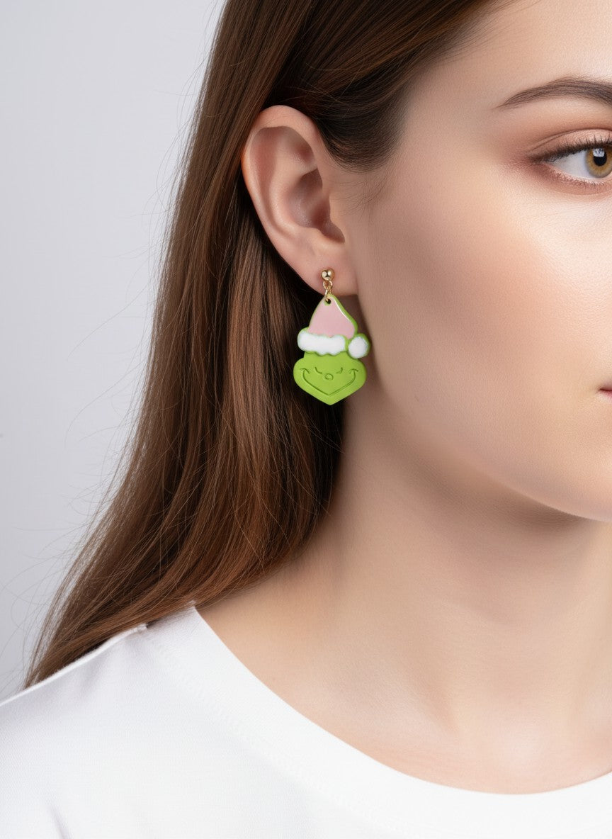Matte Grinch Face Enameled Post Drop Earrings