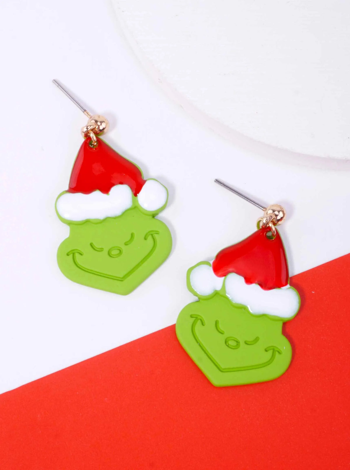 Matte Grinch Face Enameled Post Drop Earrings