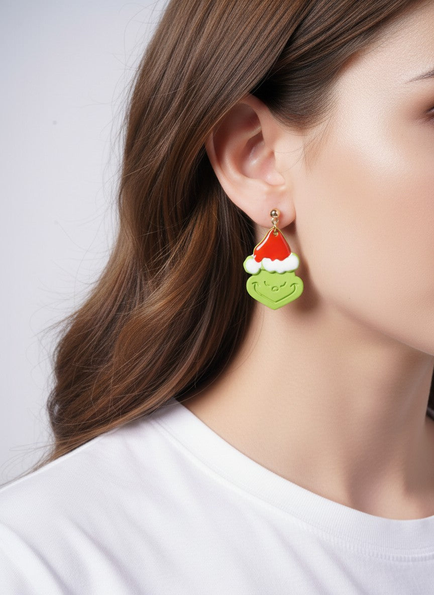 Matte Grinch Face Enameled Post Drop Earrings