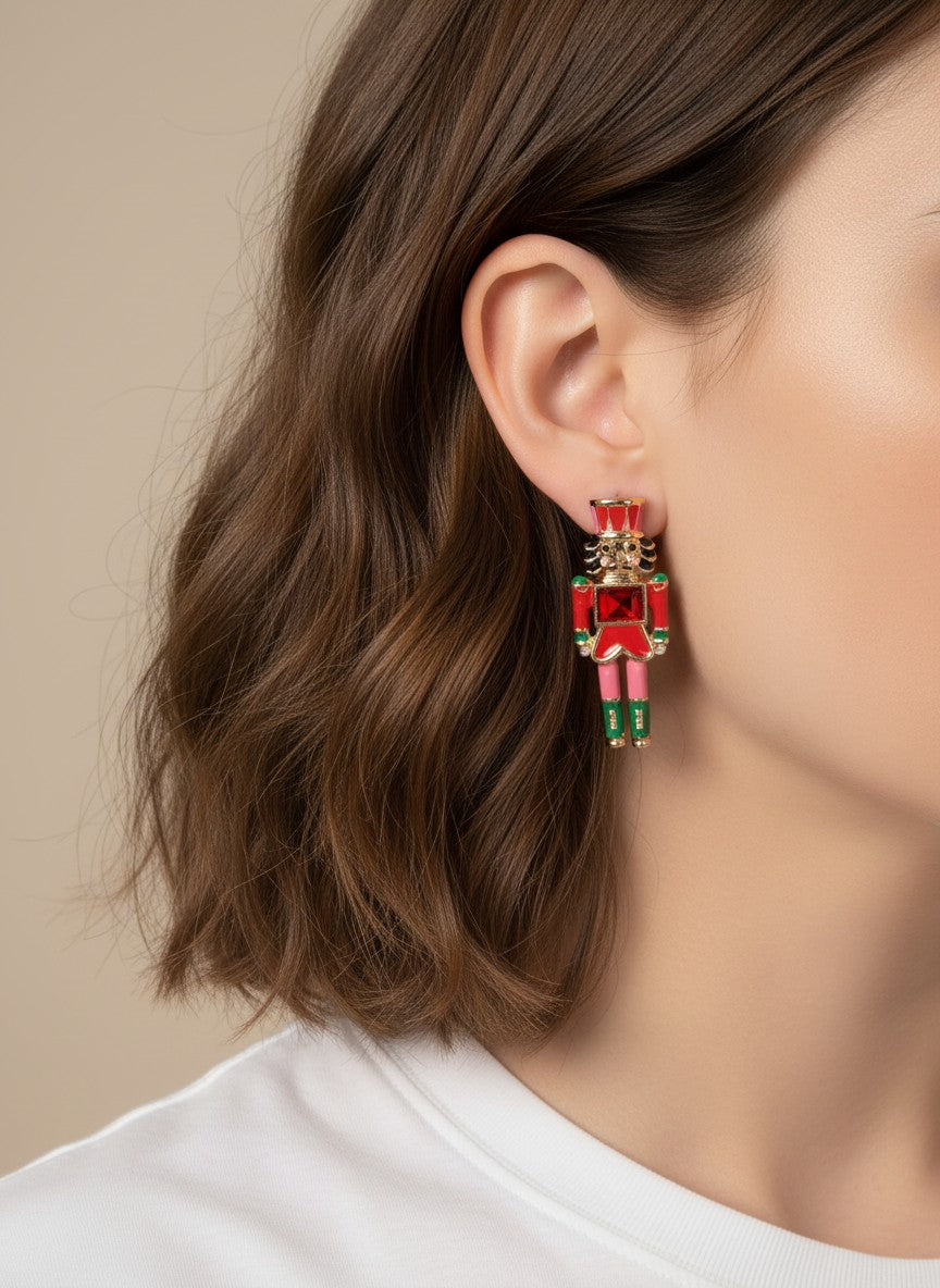 Nutcracker Enamel Rhinestone Drop Earrings