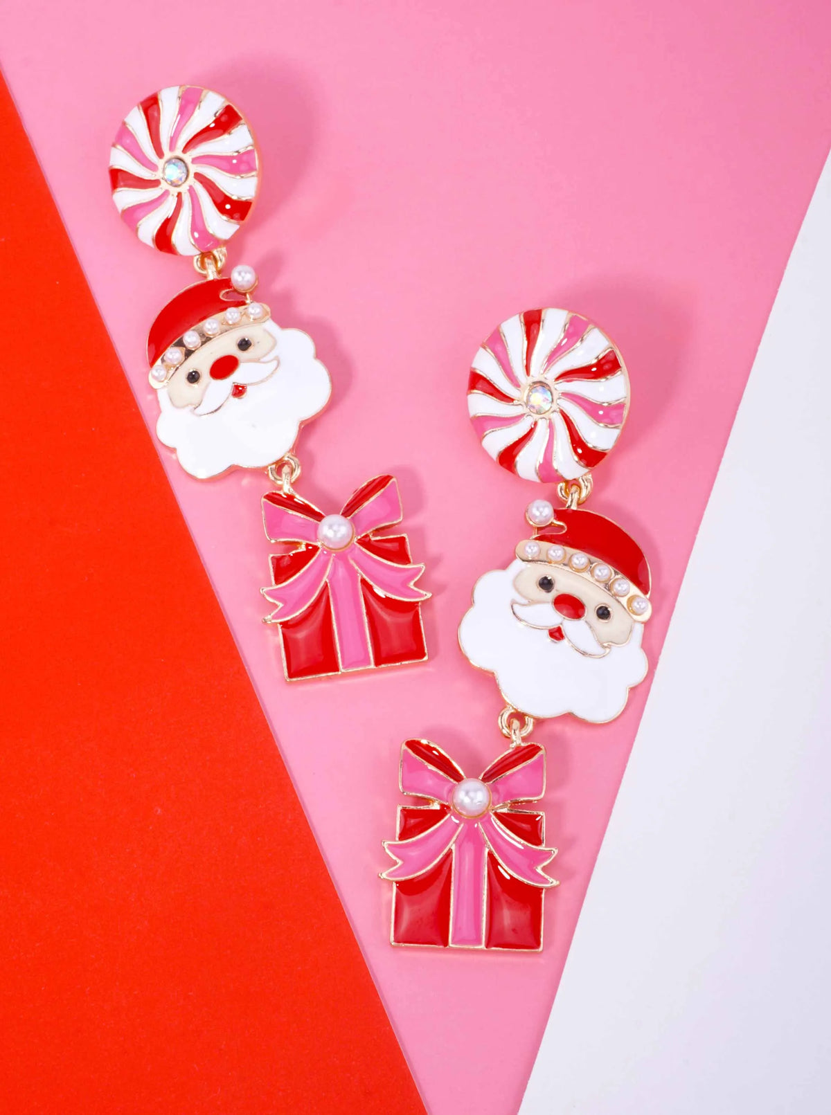 Peppermint Santa Gift Enamel Pearl Drop Earrings