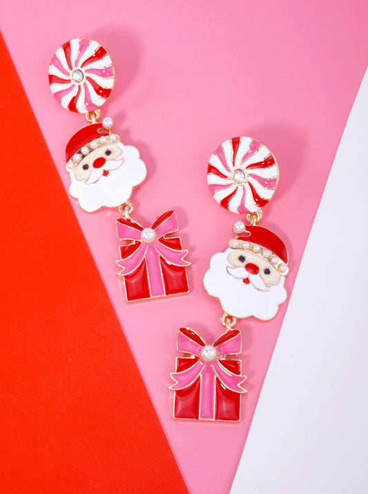 Peppermint Santa Gift Enamel Pearl Drop Earrings