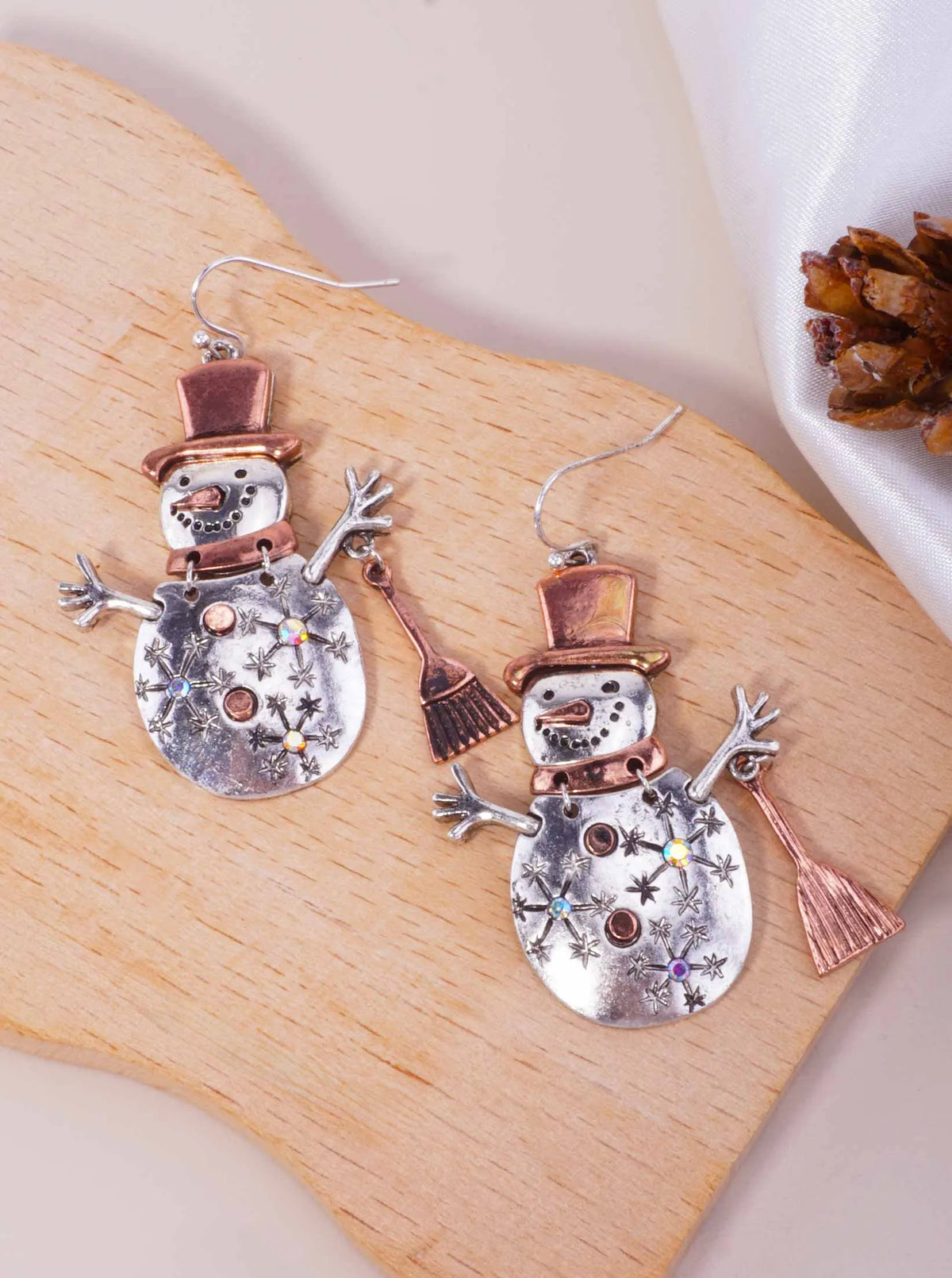 Oxidized Snowman Rhinestone Drop Earrings
