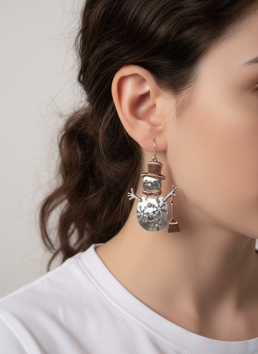 Oxidized Snowman Rhinestone Drop Earrings