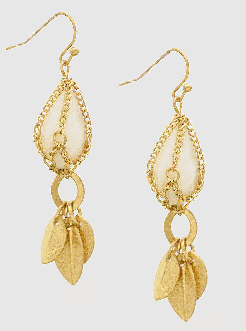 METAL CHAIN LEAVES W WHITE AGATE DROP FISH HOOK EARRINGS