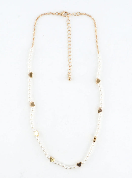 Brass Hearts Station Pearl Short Necklace