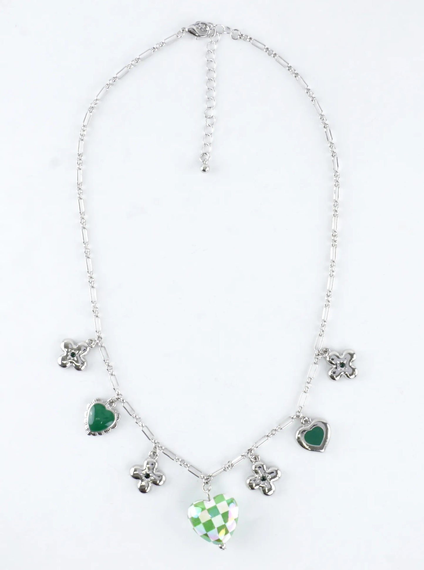 Green Checkered Heart Sharmrock Charm Necklace