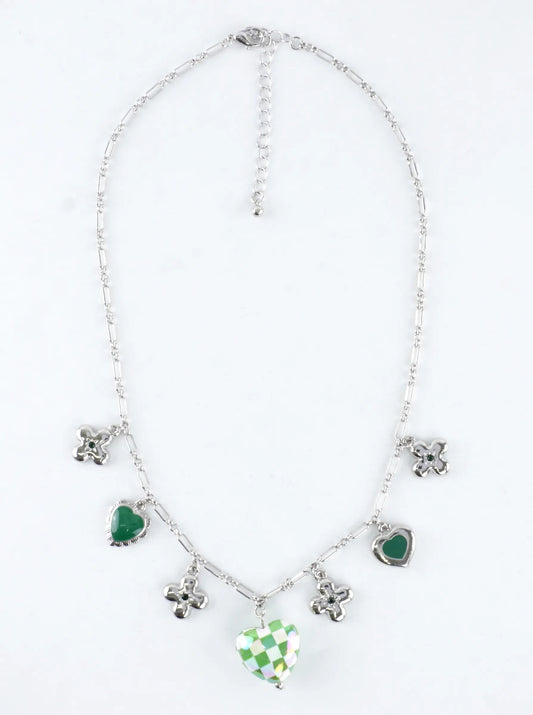 Green Checkered Heart Sharmrock Charm Necklace