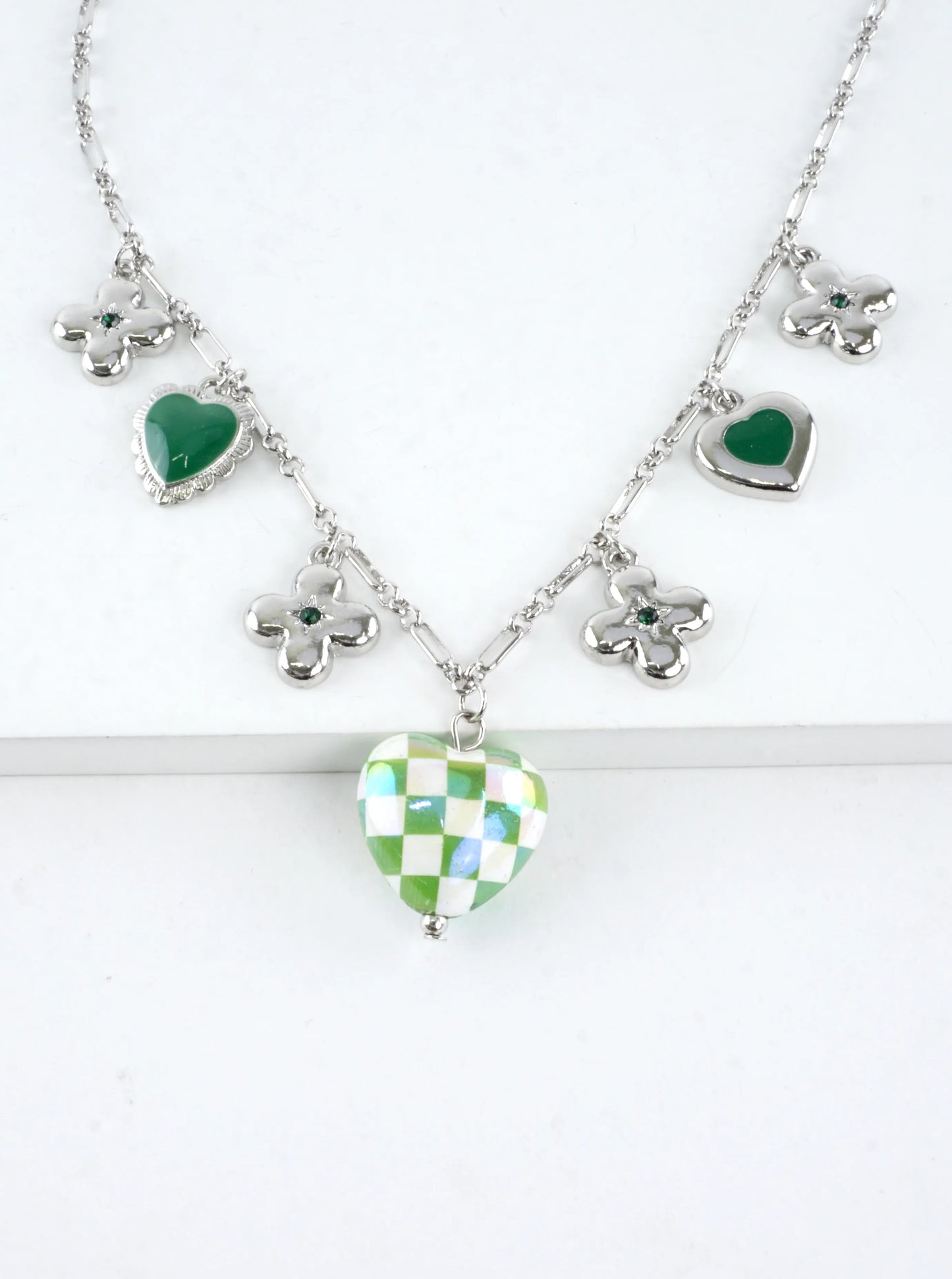 Green Checkered Heart Sharmrock Charm Necklace