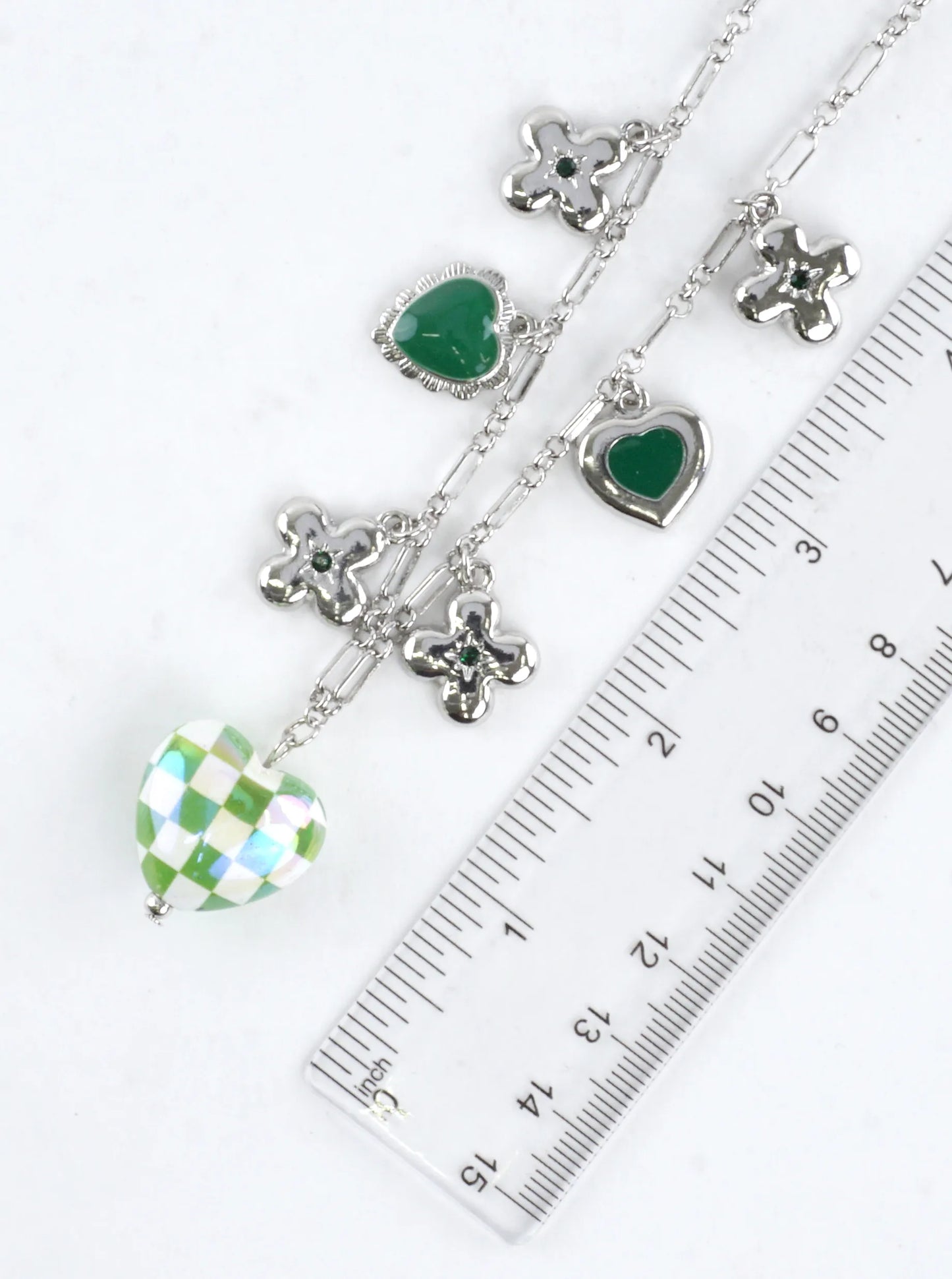 Green Checkered Heart Sharmrock Charm Necklace