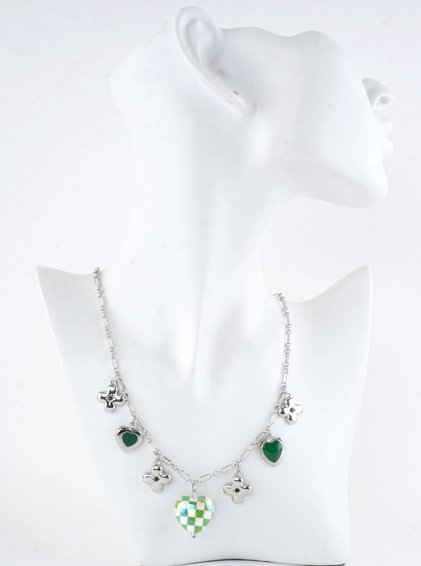 Green Checkered Heart Sharmrock Charm Necklace