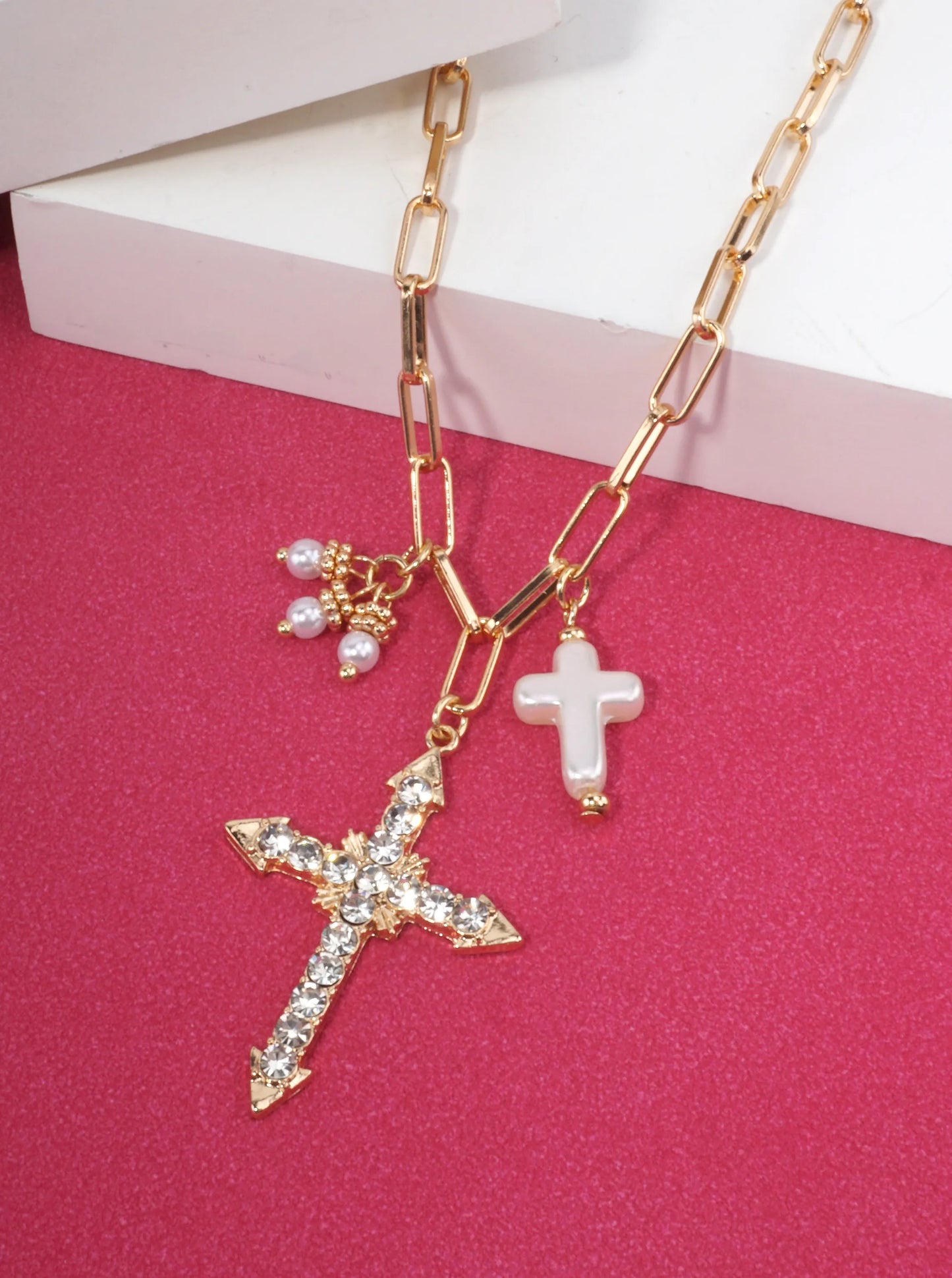 Faceted Rhinestone Cross Pendant Necklace