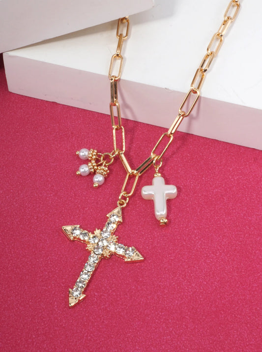 Faceted Rhinestone Cross Pendant Necklace