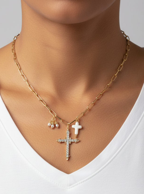 Faceted Rhinestone Cross Pendant Necklace