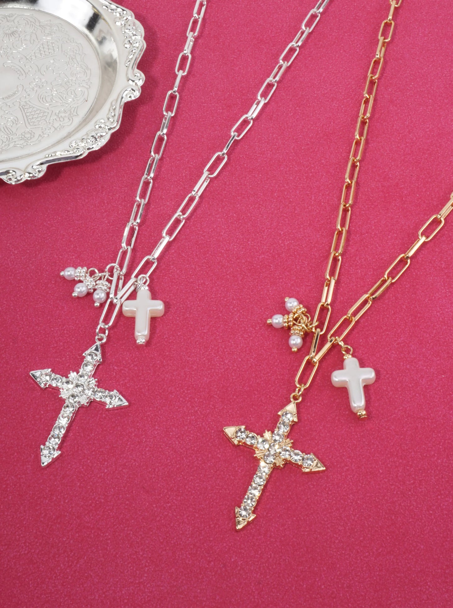 Faceted Rhinestone Cross Pendant Necklace