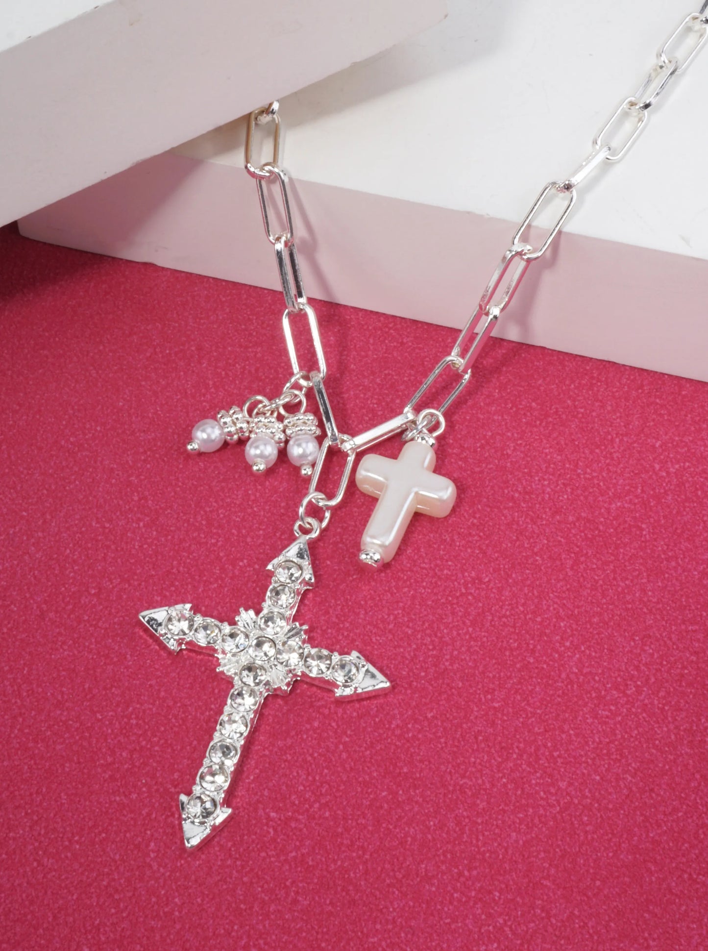 Faceted Rhinestone Cross Pendant Necklace