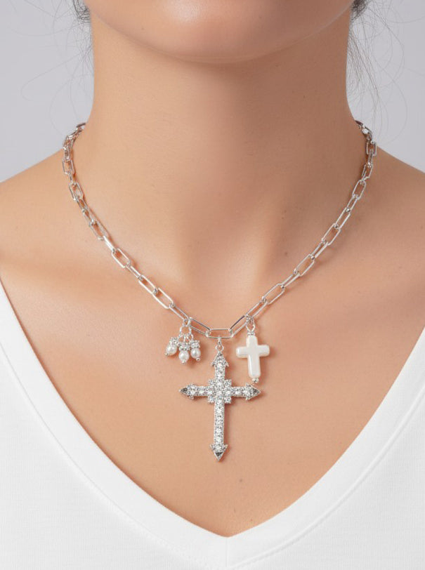 Faceted Rhinestone Cross Pendant Necklace