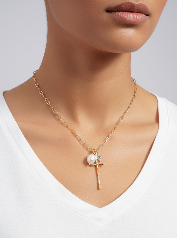 Hammered Cross Resin Pearl Pendant Necklace