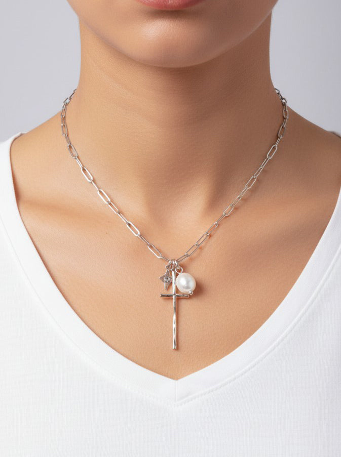 Hammered Cross Resin Pearl Pendant Necklace