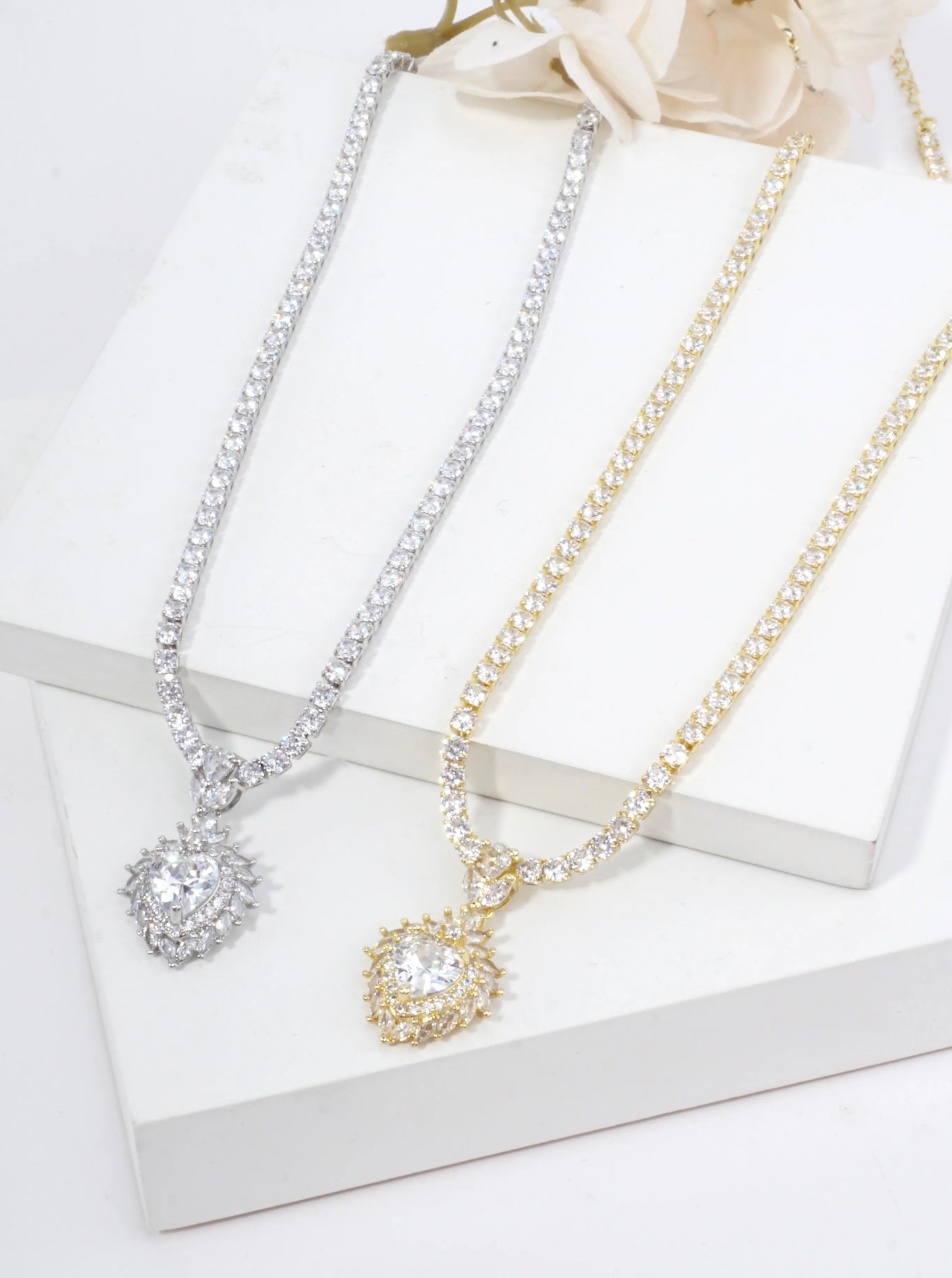 Elegant Heart Pave Tennis Style Necklace