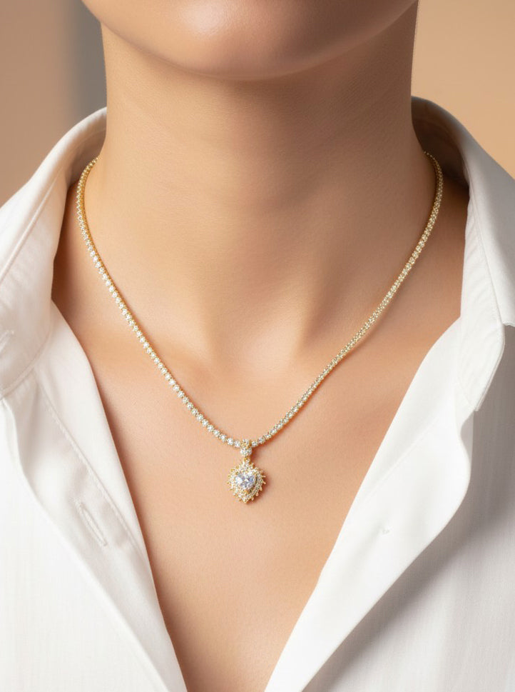 Elegant Heart Pave Tennis Style Necklace