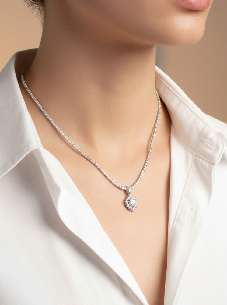 Elegant Heart Pave Tennis Style Necklace