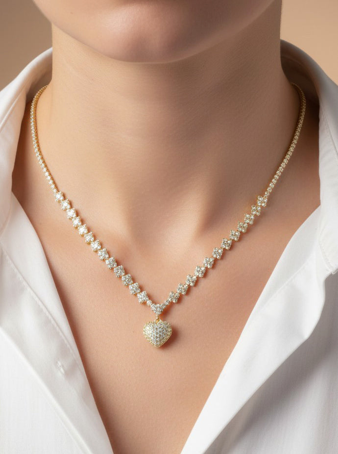 Cubic Zirconia Heart Pave Tennis Necklace